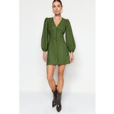 Trendyol Green Woven Dress with Balloon Sleeves, V-Neck and Buttons Cene