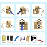 Kinder Home Igralište - Drvena kućica za igru sa toboganom, 2 ljuljaške, penjalicom i peskarnikom 250×150×267 cm | Eponuda.com