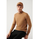 Avva Men's Camel Knitwear Sweater Half Turtleneck Front Textured Cotton Standard Fit Regular Cut Cene