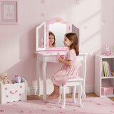 Veliki dečiji toaletni sto za devojčice sa trostrukim ogledalom, stolicom i fiokom, ECOTOYS | Eponuda.com