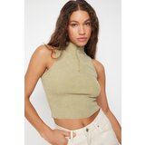 Trendyol Khaki Antique/Faded Effect Fitted Zippered Corded Cotton Stretchy Knitted Blouse Cene
