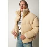  Women's Cream Stand Up Collar Fluffy Down Jacket | shoptok.hr