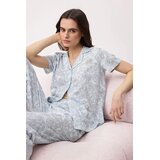 TRENDYOLMILLA ženski set 100% Cotton Lu Ethnic Patterned Alt Kapri Knitted Pajama Set Thmss26Pt00158, Plava-Plava Cene