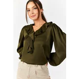 armonika Women's Khaki Cotton Satin Blouse with Frilly Collar Gathered Shoulders and Elasticated Sleeves