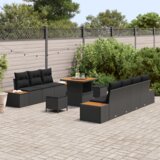 vidaXL 10 delni set vrtne sedežne garniture s blazinami črna poli ratan akacija | Shoptok.si