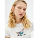 Koton Cat Printed Crop T-Shirt Short Sleeve Crew Neck Slim Fit Ribbed Cotton cene