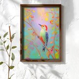 Wallxpert uramljena MDF slika NAL062-46, detlić na grani sa crvenim bobicama na pastelnoj pozadini, 35,5 x 47 cm | Eponuda.com