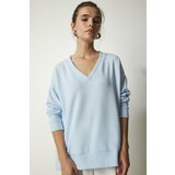 Happiness İstanbul Women's Sky Blue V-Neck Soft Knitted Sweater Cene