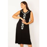Şans Women's Plus Size Black Embroidered Sleeveless Viscose Dress Cene
