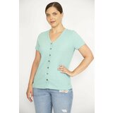 Şans Women's Green V-Neck Front Embellishment Buttoned Camisole Fabric Short Sleeve Blouse Cene