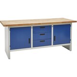 eurokraft basic Delovna miza z zaprtimi stranicami, 3 predali, 2 vrat, širina 2000 mm, svetlo sive / encijan modre barve | Shoptok.si