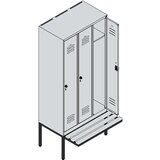 C+P Garderobna omara s klopjo Classic PLUS, 3 deli, svetlo sive / encijan modre barve, Š 900 mm, varnostni vrtljivi zapah, lebdeča klop, bukov les | Shoptok.si