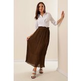 By Saygı Elastic Waist and Lined Pleated Long Chiffon Skirt Khaki Cene
