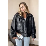 Dewberry 61605 Double Pocket PU Women Jacket-BLACK