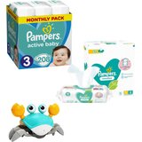 Pampers Pelene Active Baby, 3 Monthly, 6-10kg, 208/1+ Vlažne maramice Sensitive, 15x80 komada+ Topi Toys Interaktivna igračka Hodajuća kraba, Svetloplava Cene