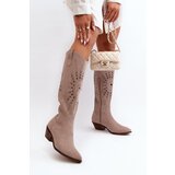 Zazoo 2909 Suede Cutout Boots with Low Heel Beige Cene