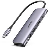 Ugreen Hub adapter 6 v 1 CM195 USB-C na 2x USB 3.0, HDMI, SD/microSD, 100W (siv), (20776910) Cene
