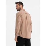 Ombre Men's linen shirt with classic collar and pockets REGULAR FIT - light brown | Shoptok.si