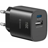 Polnilec EDGE GaN 1xUSB-C PD 20W,1xUSB-A, 18W, črn