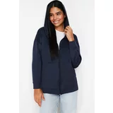 Trendyol Navy Blue Hooded Zippered Pocket Diver/Scuba Knitted Tunic Cardigan