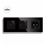 Wise modularni prekidači i utičnice – 3 tastera, 1 utičnica – stakleni panel crni | ePonuda.com