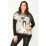 Şans Women's Plus Size Black Cat Figured Print And Stone Detailed Two Color Tunic