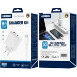 EU20 GAN PD 65W STENSKI POLNILNIK 2XUSB-C + 1XUSB QC3.0 + USB-C - USB-C KABEL BELE BARVE, (5000337887)