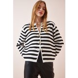  Women's Ecru Black Padded Striped Knitwear Cardigan Cene