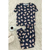 Trendyol Curve Navy Blue Teddy Bear Patterned Jogger Fit Knitted Pajama Set