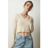 Happiness İstanbul Women's Cream V-Neck Crop Knitwear Sweater Cene