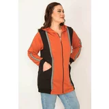 Şans Women's Large Size Orange Zipper and Hood Detailed Color Combination Sweatshirt