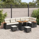 vidaXL 9 kosni vrtni sofa komplet z blazinami črna poli ratan akacija | Shoptok.si