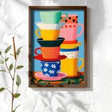 Wallxpert uramljena MDF slika NAL012-46, naslagane šarene šolje i tanjirići na plavoj pozadini, 35,5 x 47 cm Cene