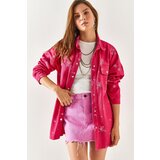 Olalook Women's Fuchsia Embroidered Oversized Cotton Shirt Jacket with Pocket Cijene