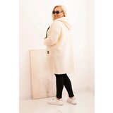 Kesi Włoski Plus Size women's coat made of faux fur with a hood and pockets ecru | Shoptok.si