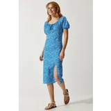 Happiness İstanbul Women's Blue Patterned Gathered Knitted Dress