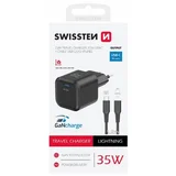 punjač za AC220, GaN, 35W, 1xUSB-C, 3A, crni + Lightning kabel