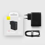 Baseus GaN USB-C + USB stenski polnilec, 100W + 1m kabel, črn | Shoptok.si