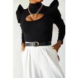 XHAN Women's Black Plunger Detail Standing Shoulder Blouse cene