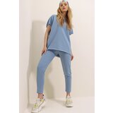 Trend Alaçatı Stili Women's Blue Crew Neck Corduroy Tracksuit Suit Cene