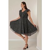 By Saygı Plus Size Lined Chiffon Dress with Ruffle Collar, Small Check, and Small Check Cene