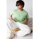 Trendyol Plus Size Mint Men's Relaxed/Comfortable Cut 100% Cotton Sun-Writing Embroidery T-Shirt Cene