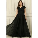 By Saygı Double Breasted Neck Lined Nail Sleeve Full Circle Flared Chiffon Tulle Plus Size Long Dress cene