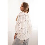 Kesi Włoski Women's summer openwork sweater with short sleeves and floral pattern ecru | Shoptok.si