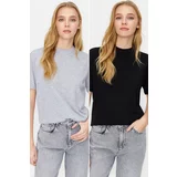 Trendyol Black-Grey Melange 2-Pack 100% Cotton Basic High Neck Knitted T-Shirt
