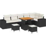 vidaXL 9-delni vrtni kavč set z blazinami črn poli ratan akacija | Shoptok.si