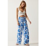  Women Ecru Blue High Waist Summer Wide Viscose Trousers | Shoptok.si