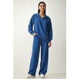 Happiness İstanbul Women's Indigo Blue Ribbed Knitted Blouse Pants Suit Cene