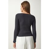  Women's Anthracite Square Collar Corded Knitted Blouse | Eponuda.ba