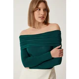  Women's Emerald Green Off-the-Shoulder Ruffle Detailed Blouse